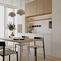 Modern Dining And Kitchen Space With Wooden Cabinets White Counter Pendant Lights And Dining Table