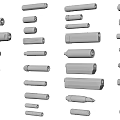 Multiple White Cylindrical Weapon Parts Arranged On Black Background