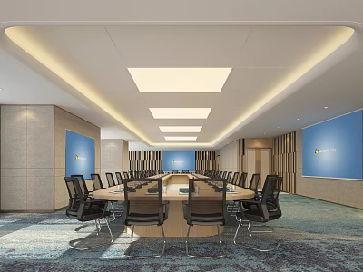 Modern Conference Room Interior With Long Table Black Chairs Blue Walls And Square Ceiling Lights 3d model