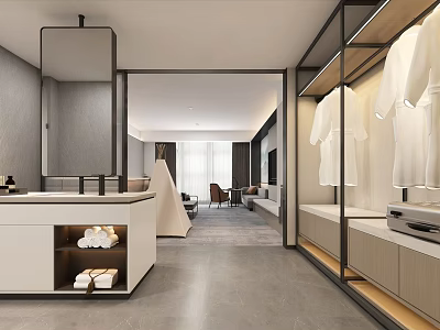 Modern Hotel Guest Room With Bathroom Walk in Closet Gray Tones And Sofa 3d model
