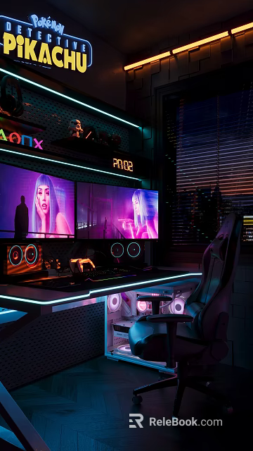Gaming Bedroom With Dual Monitors Neon Lights Gaming Chair Purple Lighting And City Night View 3d model 