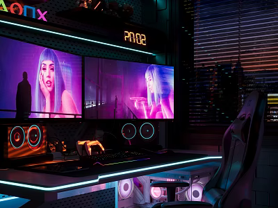 Gaming Bedroom With Dual Monitors Neon Lights Gaming Chair Purple Lighting And City Night View 3d model