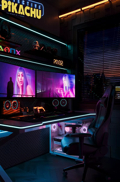 Gaming Bedroom With Dual Monitors Neon Lights Gaming Chair Purple Lighting And City Night View 3d model