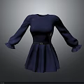 Elegant Blue Dress With Long Sleeves Ruffled Cuffs And Belt Detail