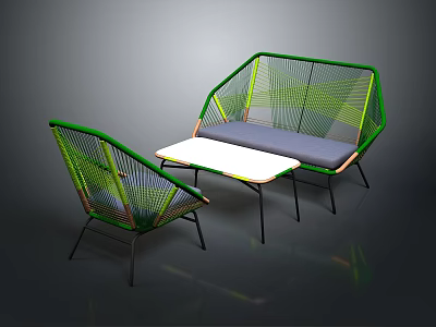 Modern Green Woven Furniture Set With Sofa Chair And White Metal Frame Table 3d model