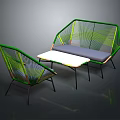 Modern Green Woven Furniture Set With Sofa Chair And White Metal Frame Table