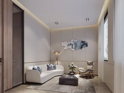 Modern Cozy Living Area Interior With White Sofa Decorative Artwork Floor Lamp And Coffee Table 3d model