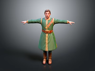 Man in Green Traditional Costume with Arms Outstretched Against Gray Background 3d model