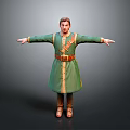 Man in Green Traditional Costume with Arms Outstretched Against Gray Background