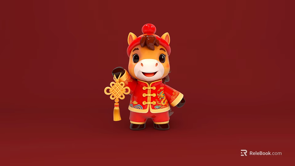 Cartoon Horse Holding Chinese Knot Red Traditional Costume Red Background Photo Spot 3d model 