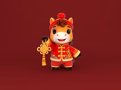 Cartoon Horse Holding Chinese Knot Red Traditional Costume Red Background Photo Spot 3d model