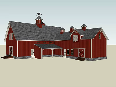 Red Barn Exterior Design With Gray Roof Cupolas Weathervane On Top And Wooden Doors 3d model