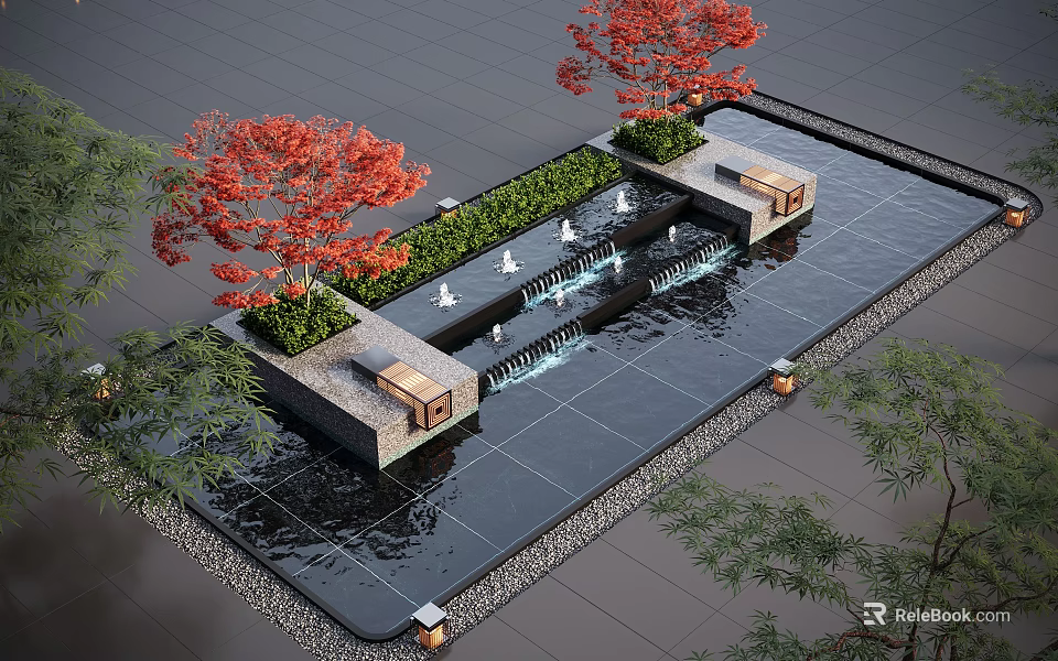 Water Fountain Landscape With Red Trees Green Plants Stone Benches Black Slate Floor And Lighting 3d model 