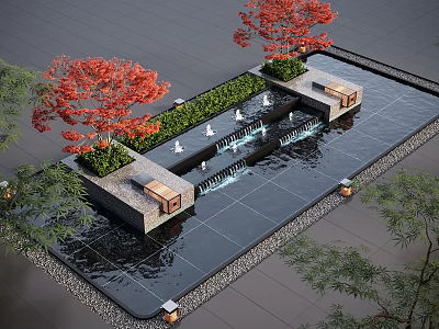 Water Fountain Landscape With Red Trees Green Plants Stone Benches Black Slate Floor And Lighting 3d model
