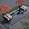 Water Fountain Landscape With Red Trees Green Plants Stone Benches Black Slate Floor And Lighting