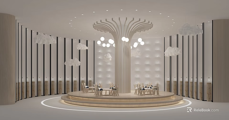 Modern Interior Space With Tree Shaped Centerpiece Spherical Pendant Lights Cloud Decorations And Round Platform 3d model