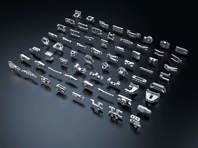 Various Metal Mechanical Components Arranged On Black Background For Industrial Use 3d model