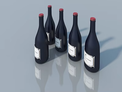 Black Wine Bottles With Red Caps And White Labels Arranged On Reflective Gray Surface 3d model
