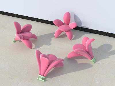 Pink Flower Shaped Single Chairs on Light Tile Floor Against White Wall With Black Baseboard 3d model
