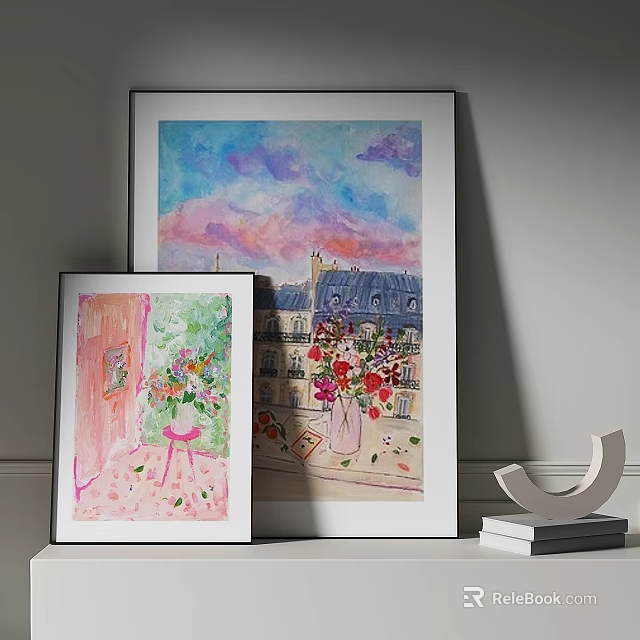 Modern TV Stand With Framed Scenic Paintings Floral Art Decorative Item And Books 3d model 
