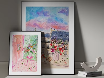 Modern TV Stand With Framed Scenic Paintings Floral Art Decorative Item And Books 3d model