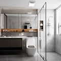 Modern Bathroom Interior With Glass Shower Enclosure Marble Countertop Double Sinks And Large Mirror