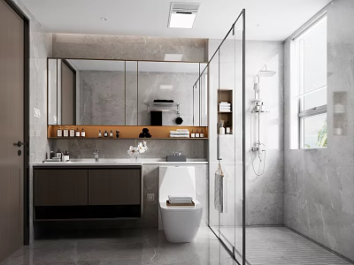Modern Bathroom Interior With Glass Shower Enclosure Marble Countertop Double Sinks And Large Mirror 3d model