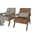 Gray Fabric Accent Chair With Wooden Armrests Patterned Pillow And Herringbone Blanket