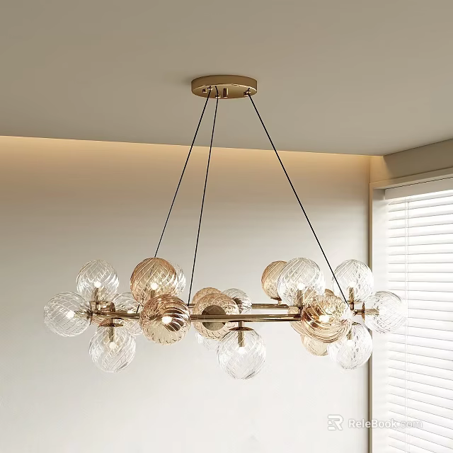 Modern Chandelier Hanging From Ceiling With Transparent Glass Globes And Brass Frame 3d model 