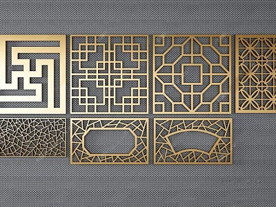 Ornate Carved Lattice Windows Featuring Diverse Geometric Designs And Metallic Finishes For Decorative Use 3d model