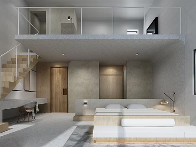 Modern Minimalist Loft Interior With Upper Platform Staircase And Bed 3d model