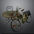 Vintage Iron Round Table And Chair With Yellow Bicycle Colorful Basket And Plant