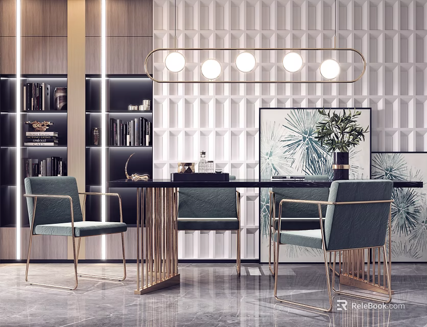 Modern Dining Table Set With Green Chairs Gold Frame And Geometric Wall Decor 3d model 