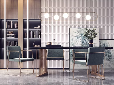 Modern Dining Table Set With Green Chairs Gold Frame And Geometric Wall Decor 3d model