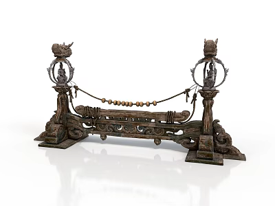 Carved Wooden Decorative Structure With Dragon Head Ornaments And Beaded Chain 3d model