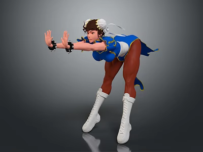 Game Character Blue White Outfit With White Headpiece White Boots Fighting Stance Black Wrist Guards 3d model