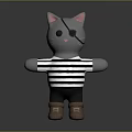 Cute Plush Cat Doll With Pink Ears Eye Patch Striped Shirt Black Pants Brown Shoes
