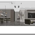 Modern Living and Dining Room Interior with Marble Wall Green Chairs TV and Fireplace