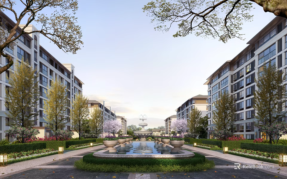Multi Storey Residential Buildings With Central Fountain And Lush Landscaping 3d model 