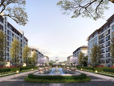 Multi Storey Residential Buildings With Central Fountain And Lush Landscaping 3d model