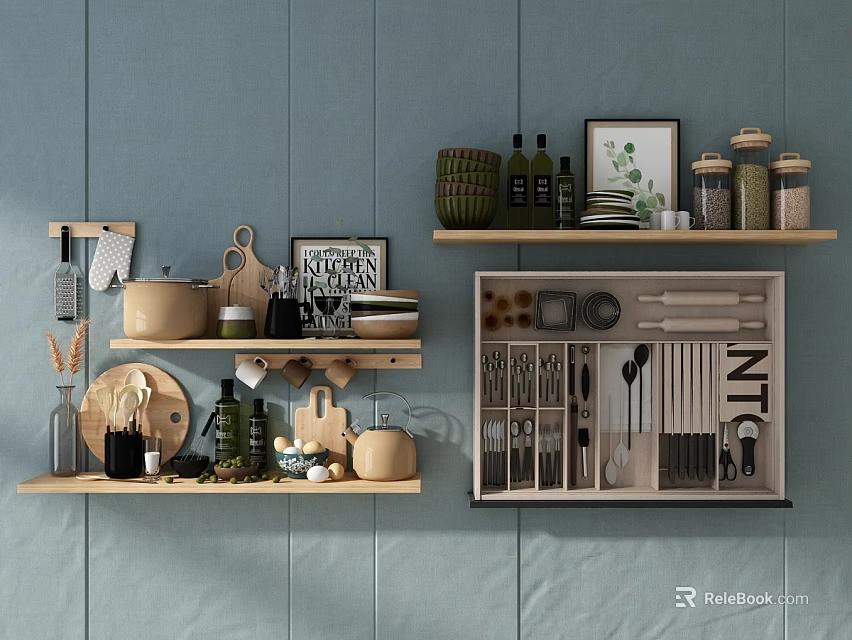 Wooden Shelves Displaying Kitchenware Storage Jars Bottles Plates Knives and Spoons Against Light Blue Walls 3d model 