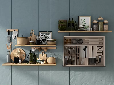 Wooden Shelves Displaying Kitchenware Storage Jars Bottles Plates Knives and Spoons Against Light Blue Walls 3d model