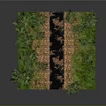 Cartoon Scene with Green Trees Grassy Area Black Path Stones and Yellow Flowers