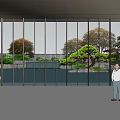 Modern Garden Landscape With Glass Corridor Courtyard Green Plants And Water Pool