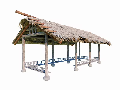 Traditional Thatched Roof Pavilion With Wooden Columns And Ornate Railing 3d model