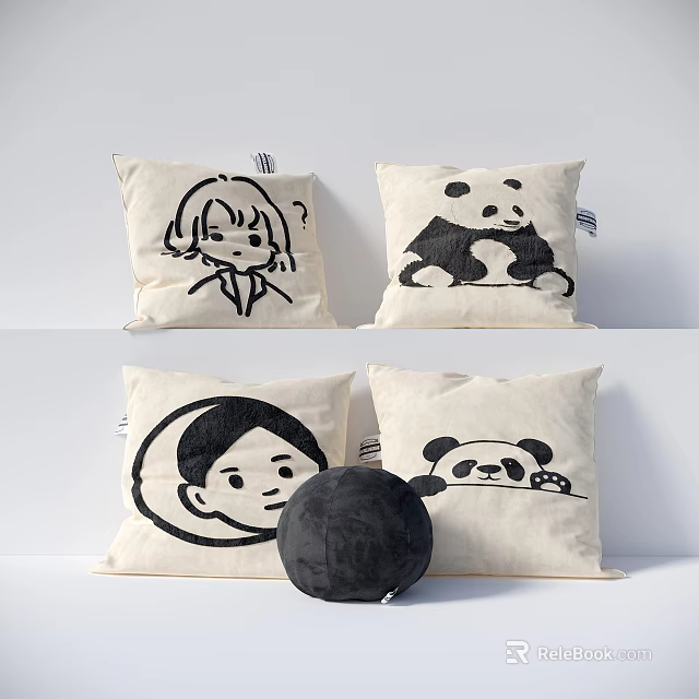Decorative Linen Cotton Pillows With Cartoon Character And Panda Patterns On Beige Background 3d model 