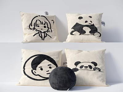 Decorative Linen Cotton Pillows With Cartoon Character And Panda Patterns On Beige Background 3d model