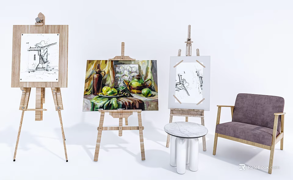 Elegant Display of Musical Instruments and Art Supplies with Paintings on Wooden Easels 3d model 