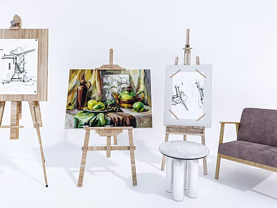 Elegant Display of Musical Instruments and Art Supplies with Paintings on Wooden Easels 3d model