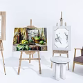 Elegant Display of Musical Instruments and Art Supplies with Paintings on Wooden Easels